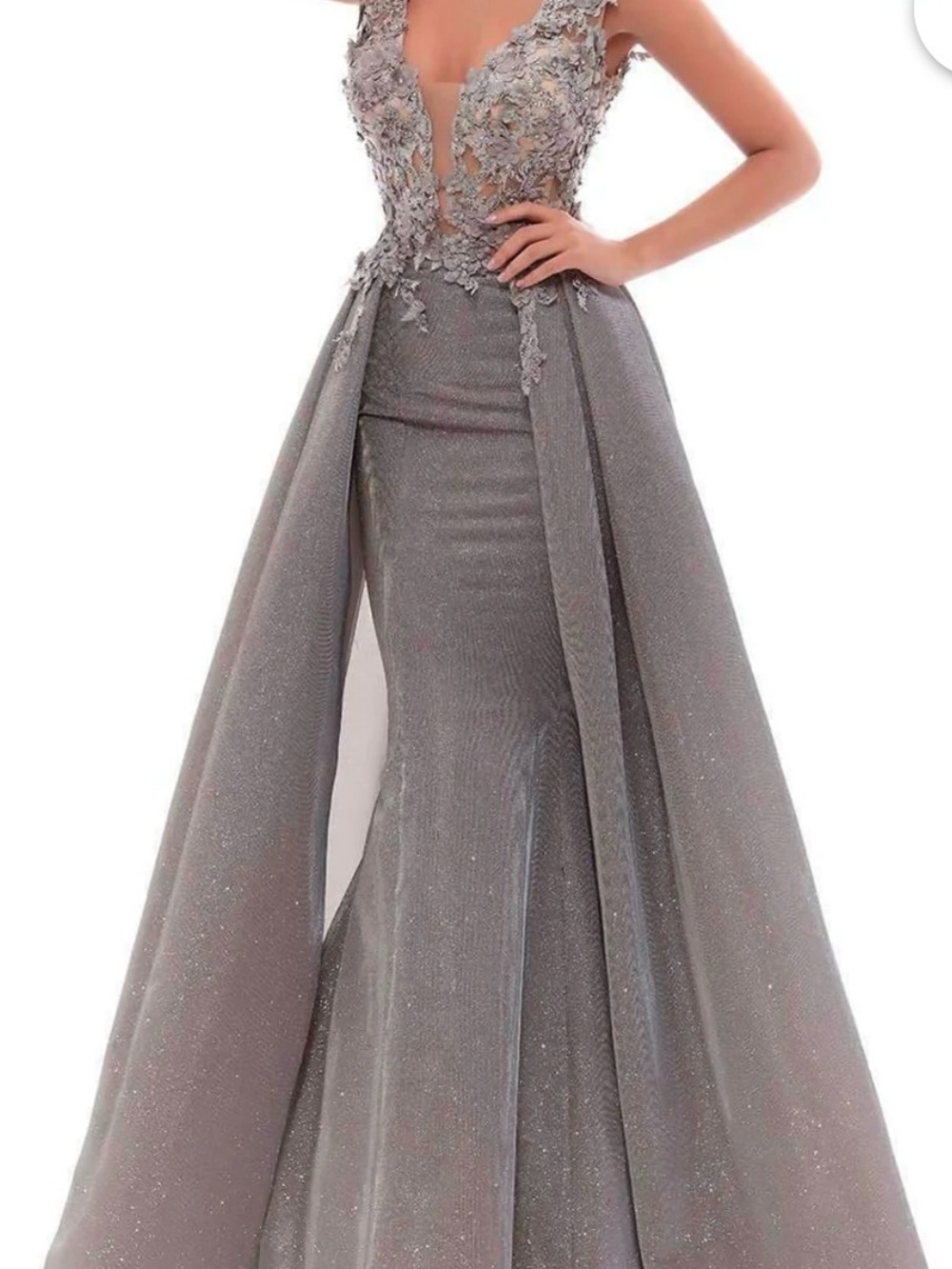 Tarik Ediz Silver Gray Embellished Plunging Evening Gown